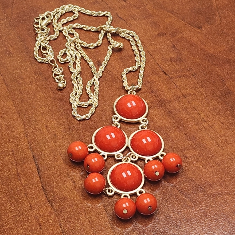 Vintage Gold Toned Statement Necklace With Red Acrylic Chandelier Bobble Pendant